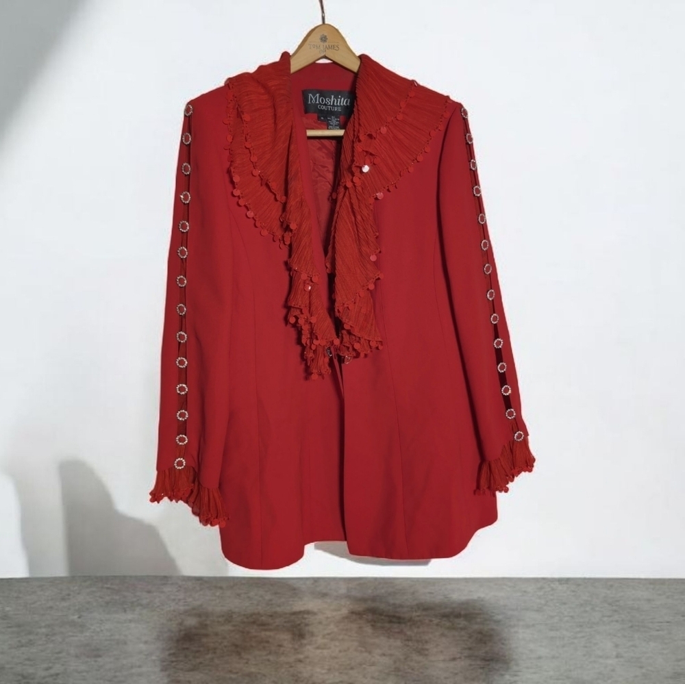 Moshita Coture Red Ruffled Blazer With Rhinestones Sz 16